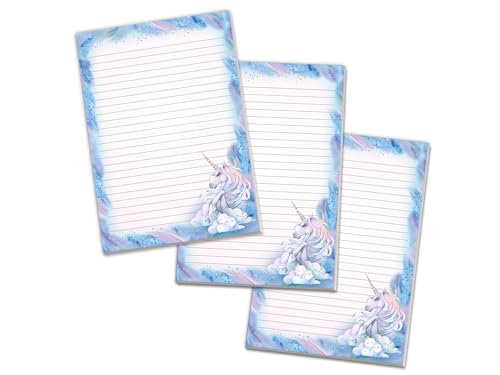3 bunte Motiv Schreibblöcke Briefpapier liniert für Mädchen Kinder Schule Einhorn Pferd Kristall (3 Blöcke A5 mit je 25 Blättern) von Limonia