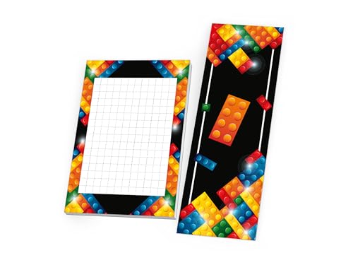 6 Lesezeichen + 6 Mini-Notizblöcke je 25 Blätter DIN A7 Set Gastgeschenk Mitgebsel zum Kindergeburtstag Motto-Party Fest Feier Event Reise Unisex Teenies Mädels Jungs Bausteine bunt von Limonia