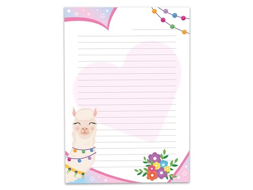 Briefpapier A5 Schreibblock liniert für Mädchen Kinder Schule Lama Alpaka rosa blau Herz (1 Block A5 mit 25 Blättern) von Limonia