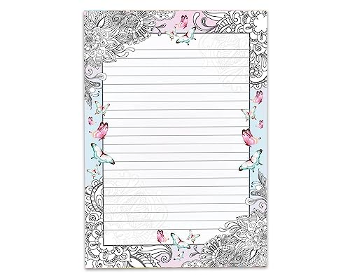 Briefpapier Briefblock zum Ausmalen für Mädchen Kinder Schmetterlinge Blumen (Block A4 mit 25 Blätter) von Limonia