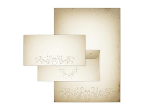 Briefpapier-Set 100 Schreibpapier DIN A4 + 100 Kuverts DIN-lang haftklebend Altes Papier vintage retro Mittelalter antiker Ornament beidseitig beschriftbar für Geburtstag Jubiläum Menükarte Geschenk von Limonia