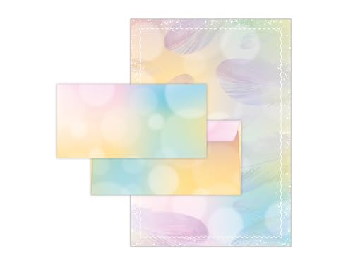 Briefpapier-Set 100 Schreibpapier DIN A4 + 100 Umschläge DIN-lang haftklebend Motiv Federn beidseitig beschriftbar und bedruckbar für Einladung Briefpost Firmenpost Urkunde Zertifikate von Limonia