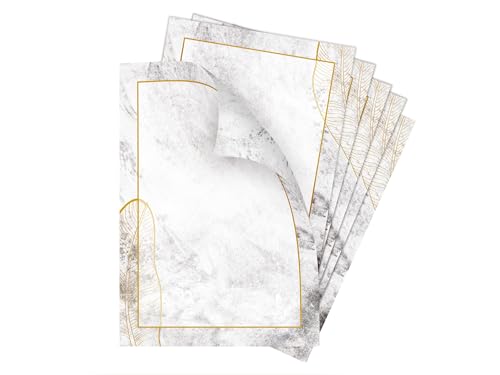 Briefpapier-Set 100 Schreibpapier DIN A4 Marmor grau Papier Goldene Tropische Blättern beidseitig von Hand beschreibbar und bedruckbar für Memükarte Taufe Kommunion Konfirmation von Limonia