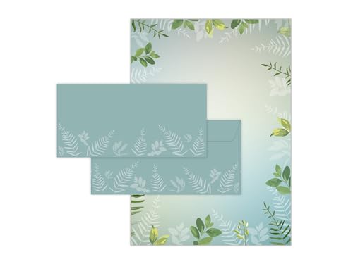 Briefpapier-Set 25 Motivpapier DIN A4 + 25 Umschläge DIN-lang haftklebend Motiv Grün mit Eukalyptus Blättern beidseitig beschriftbar und bedruckbar für Einladung Briefpost Firmenpost Zertifikate von Limonia