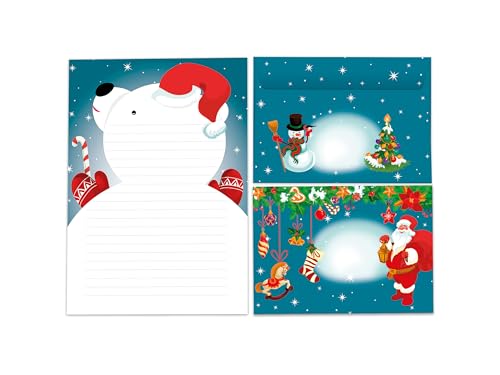 Briefpapier-Set A5 Eisbär Schreibblock liniert mit Umschlag Motiv Weihnachten Wichtelgeschenk für Kinder Jungen Mädchen (1 Block A5 mit 25 Blättern + 15 bunt bedruckte Kuverts) von Limonia