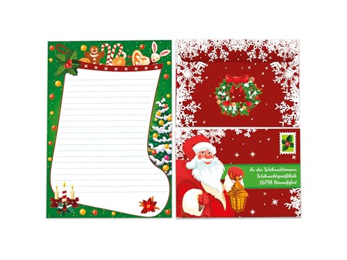 Briefpapier-Set A5 Weihnachtsstiefel Schreibblock liniert mit Umschlag Motiv Weihnachten Wichtelgeschenk für Kinder (1 Block A5 mit 25 Blättern + 15 bedruckte Kuverts "An den Weihnachtsmann") von Limonia