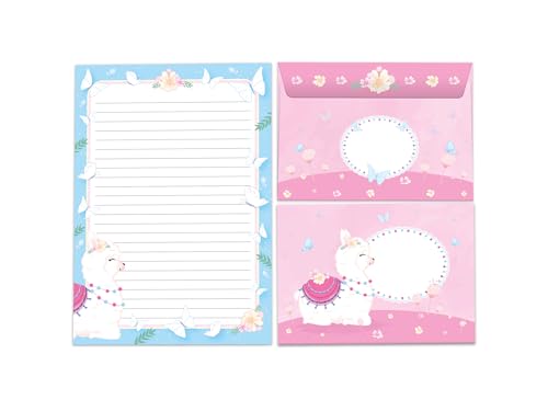Briefpapier-Set A5 liniert zum Ausmalen mit Umschlag für Mädchen Kinder Schule Lama Alpaka rosa (1 Block mit 25 Blättern + 15 passend bedruckte Briefumschläge) von Limonia