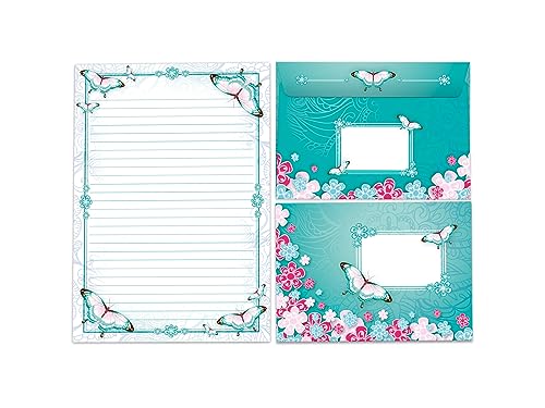 Briefpapier-Set Briefblock zum Ausmalen mit Umschlag für Mädchen Kinder Schmetterlinge Blumen (Block A5 mit 25 Blätter + 15 Umschläge) von Limonia