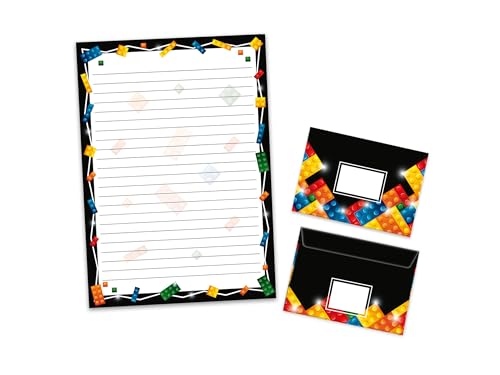 Briefpapier-Set Schreibblock liniert mit Umschlag für Kinder Schule Bauklötze Bausteine schwarz (1 Block A4 mit 25 Blättern + 15 passend bedruckte Briefumschläge) von Limonia