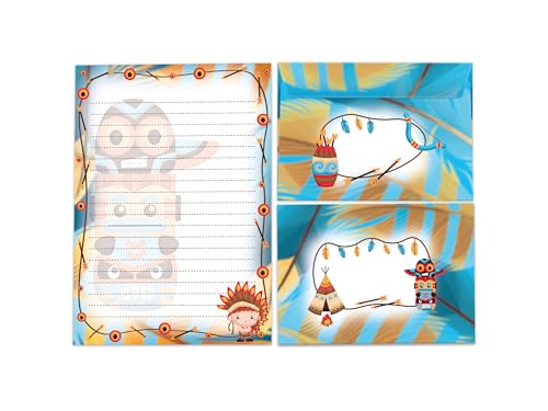 Briefpapier-Set Schreibblock liniert mit Umschlag für Kinder Schule Indianer Abenteuer Totempfahl Tipi Häuptling (1 Block A5 mit 25 Blättern + 15 passend bedruckte Briefumschläge) von Limonia