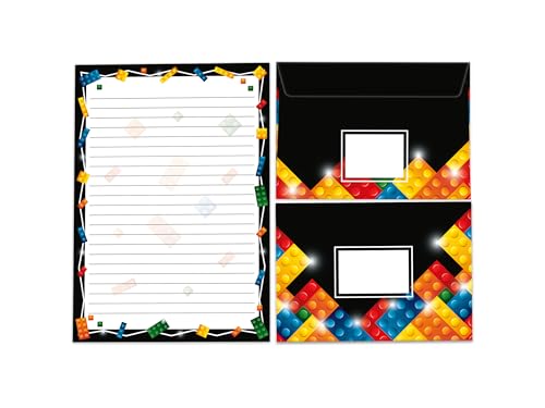 Briefpapier-Set Schreibblock liniert mit Umschlag für Mädchen Jungen Kinder Erwachsene Unisex Bausteine Bauklötze bunt schwarz (1 Block A5 mit 25 Blättern + 15 passend bedruckte Briefumschläge) von Limonia
