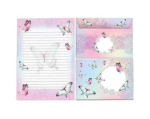 Briefpapier-Set Schreibblock liniert mit Umschlag für Mädchen Kinder Schule Schmetterlinge Blumen (1 Block A5 mit 25 Blättern + 10 passend bedruckte Briefumschläge) von Limonia