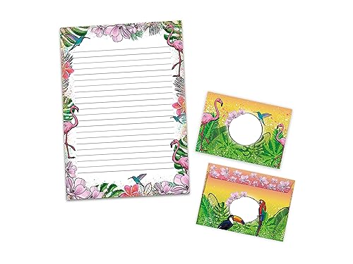 Briefpapier-Set Schreibblock liniert mit Umschlag für Mädchen Kinder Schule Tropen Flamingo (1 Block A4 mit 25 Blättern + 15 passend bedruckte Briefumschläge) von Limonia