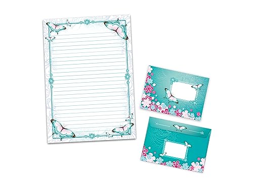 Briefpapier-Set Schreibblock liniert zum Ausmalen mit Umschlag für Mädchen Kinder Schule Schmetterlinge Blumen (1 Block A4 mit 25 Blättern + 15 passend bedruckte Briefumschläge) von Limonia