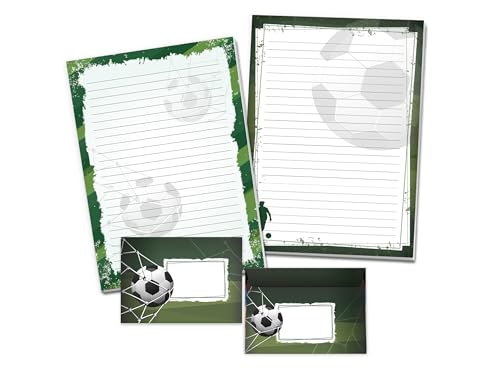 Briefpapier-Set mit 2 Schreibblöcken und 25 Umschlägen für Kinder Fußball Turnier Ball Tor (1 Block hell und 1 Block dunkel A4 mit je 25 Blättern + 25 Briefumschläge) von Limonia