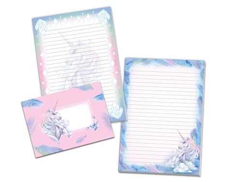 Briefpapier-Set mit 2 Schreibblöcken und 25 Umschlägen für Mädchen Kinder Schule Einhorn Pferd Kristall (1 Block bunt und 1 Block zum Ausmalen A5 mit je 25 Blättern + 25 Briefumschläge) von Limonia