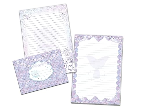 Briefpapier-Set mit 2 Schreibblöcken und 25 Umschlägen für Mädchen Meerjungfrau Mermaid lila (1 Block bunt und 1 Block zum Ausmalen A5 mit je 25 Blättern + 25 Briefumschläge) von Limonia