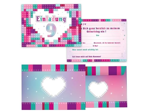 Limonia 10 Einladungskarten incl. 10 Umschläge zum 9. Geburtstag Einladung Kindergeburtstag Mädchen Bausteine Bauklötzchen Herz bunt lila rosa türkis von Limonia