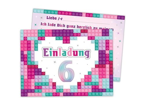 Limonia 6 Einladungskarten zum 6. Geburtstag Einladung Kindergeburtstag Mädchen Bausteine Bauklötze Herz Unisex universal bunt lila rosa blau türkis von Limonia