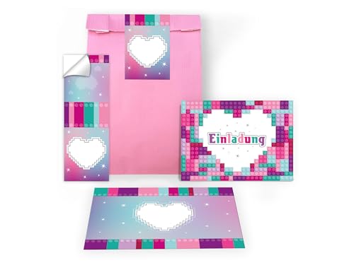 Limonia 8 Einladungskarten zum Kindergeburtstag Einladung Set Geburtstag Mädchen Bausteine Bauklötze Herz Unisex lila rosa Geschenktüte Mitgebsel inkl. 8 Umschläge, 8 Tüten, 8 Aufkleber von Limonia