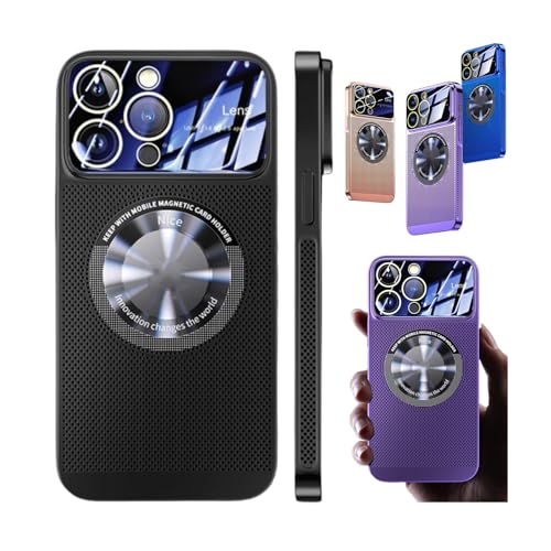 Electroplating Heat Dissipation Magnetic Hollow Phone Case for iPhone 12 13 14 15 Pro Max Plus,Large Window Plating Fine Hole Protector Cover,Ice Sense Ultra Slim Cover (12 pro, Black) von LinZong