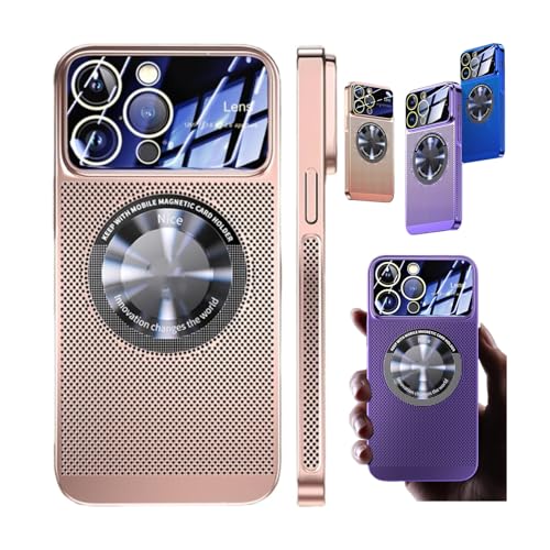Electroplating Heat Dissipation Magnetic Hollow Phone Case for iPhone 12 13 14 15 Pro Max Plus,Large Window Plating Fine Hole Protector Cover,Ice Sense Ultra Slim Cover (14 pro, Pink) von LinZong