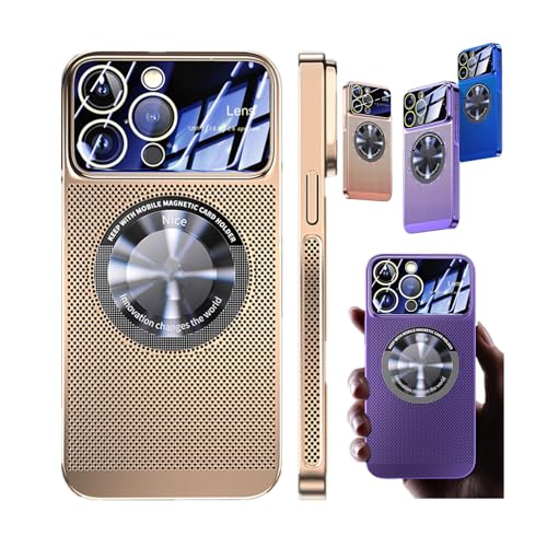 Electroplating Heat Dissipation Magnetic Hollow Phone Case for iPhone 12 13 14 15 Pro Max Plus,Large Window Plating Fine Hole Protector Cover,Ice Sense Ultra Slim Cover (15 pro, Golden) von LinZong