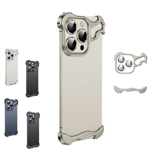Special-Shaped Metal Corner Pad Anti-Fall Phone Case for iPhone 15 14 13 Pro Max, Real Bare Frameless Phone Case with Lens Film (Grey, for iPhone 15 Pro Max) von LinZong