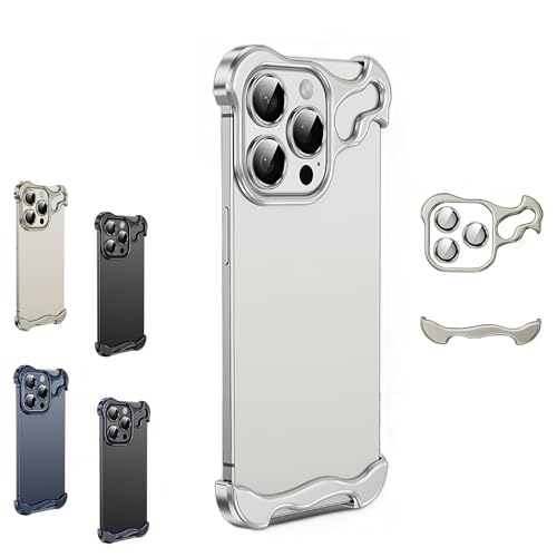Special-Shaped Metal Corner Pad Anti-Fall Phone Case for iPhone 15 14 13 Pro Max, Real Bare Frameless Phone Case with Lens Film (Silver, for iPhone 14 Pro Max) von LinZong