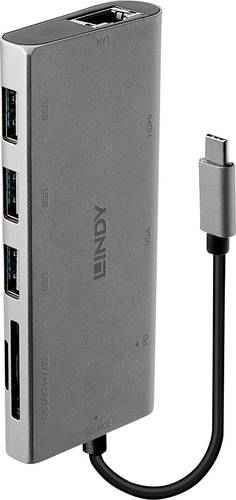 LINDY 43278 USB-C® Konverter [1x USB-C® Stecker - 3x USB 3.2 Gen 1 Buchse A (USB 3.0), VGA-Buchse, von Lindy