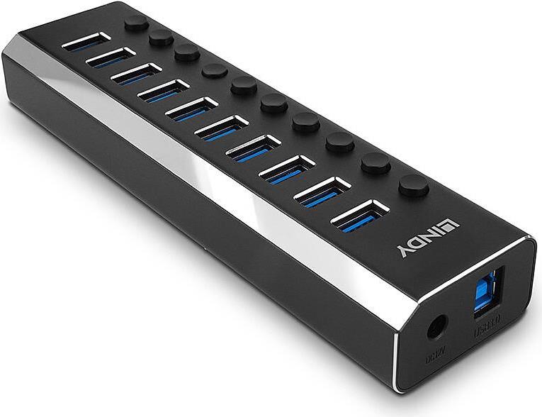 Lindy 10 Port USB 3.0 Hub mit Ein-/Ausschaltern Schließen sie bis zu 10 USB-Geräte an - jeder Port ist einzeln schaltbar. (43370) von Lindy