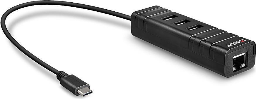 Lindy USB 3.1 Hub & Gigabit Ethernet Adapter - Netzwerk-/USB-Adapter - USB 3.1 Gen 1 - Gigabit Ethernet x 1 + USB 3.1 x 3 - Schwarz von Lindy