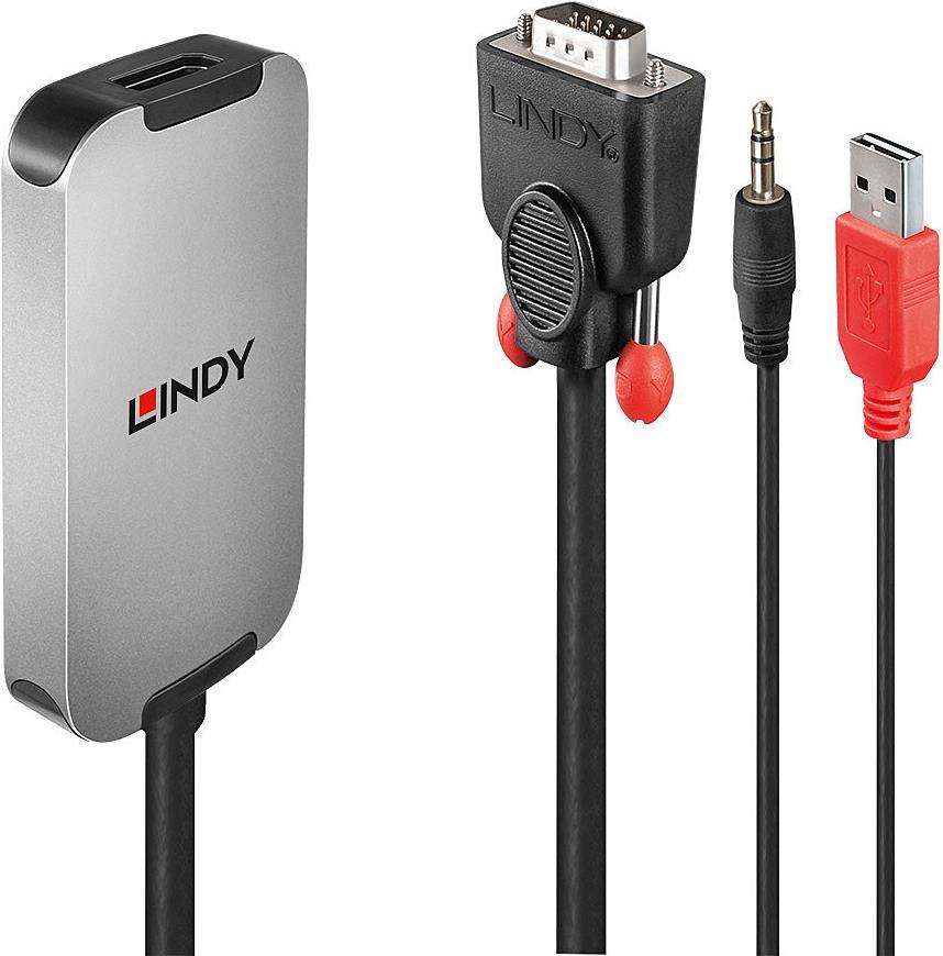 Lindy VGA to DisplayPort 1.2 Converter - DisplayPort-Adapter - HD-15 (VGA), Stereo Mini-Klinkenstecker, 4-poliger Mini-USB Typ A (M) bis DisplayPort (W) - DisplayPort 1.2 - 18 cm - USB-Strom - Schwarz von Lindy