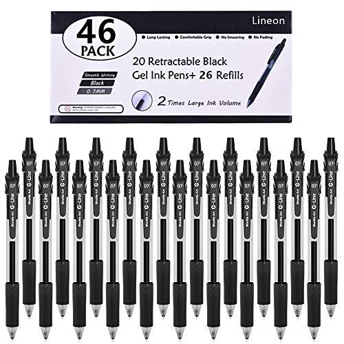 Gelstifte, schwarz, Lineon 46 teiliges schwarze Gelschreiber Set (20 Gel Stifte und 26 Ersatzminen) mit 0,7 mm Spitze, einziehbar, für Schüler, Kinder und Erwachsene geeignet von Lineon