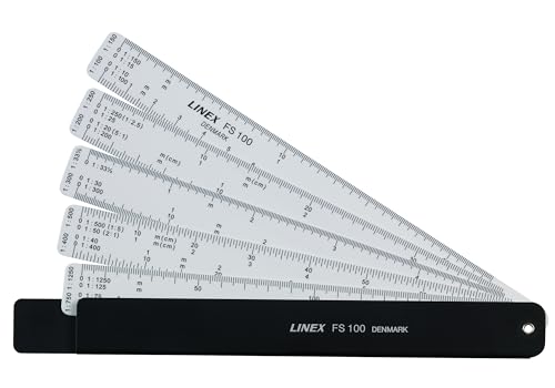 Linex FS 100 Fächerreduktionslinial, 15cm, 5 Maßstäbe mit insgesamt 22 Teilungen, im Kunstleder Etui von Linex
