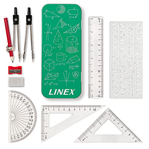 Linex Geometrie-Set, mit Zirkel, Bleistift, Radierer, Spitzer, Winkelmesser, Geodreieck, Lineal und Aufbewahrungsetui-Metallbox von Linex
