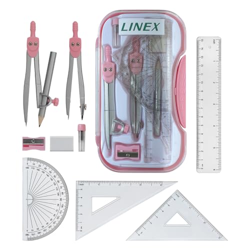 Linex Pink Geometrie Set Mathematik GCSE Sekundarschule Set 10 teilig Zirkel Winkelmesser von Linex