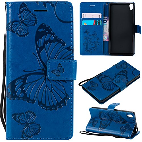 LingDan Schutzhülle für Sony Xperia E5 F3311 (5,5 Zoll) PU Lederhülle Flip Cover Präge Schmetterling Muster mit Ständer Magnetverschluss Handyhülle Kartensteckplatz Brieftasche Hülle, Blau von LingDan