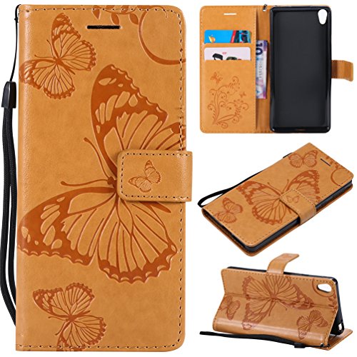 LingDan Schutzhülle für Sony Xperia E5 F3311 (5,5 Zoll) PU Lederhülle Flip Cover Präge Schmetterling Muster mit Ständer Magnetverschluss Handyhülle Kartensteckplatz Brieftasche Hülle, Braun von LingDan