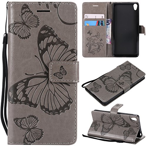 LingDan Schutzhülle für Sony Xperia E5 F3311 (5,5 Zoll) PU Lederhülle Flip Cover Präge Schmetterling Muster mit Ständer Magnetverschluss Handyhülle Kartensteckplatz Brieftasche Hülle, Grau von LingDan