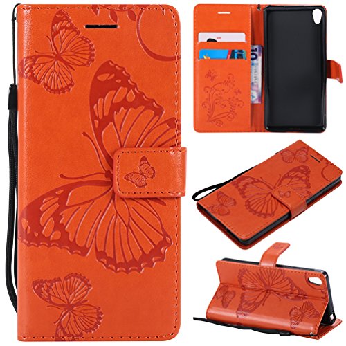 LingDan Schutzhülle für Sony Xperia E5 F3311 (5,5 Zoll) PU Lederhülle Flip Cover Präge Schmetterling Muster mit Ständer Magnetverschluss Handyhülle Kartensteckplatz Brieftasche Hülle, Orange von LingDan