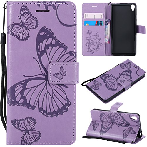LingDan Schutzhülle für Sony Xperia E5 F3311 (5,5 Zoll) PU Lederhülle Flip Cover Präge Schmetterling Muster mit Ständer Magnetverschluss Handyhülle Kartensteckplatz Brieftasche Hülle, Violett von LingDan