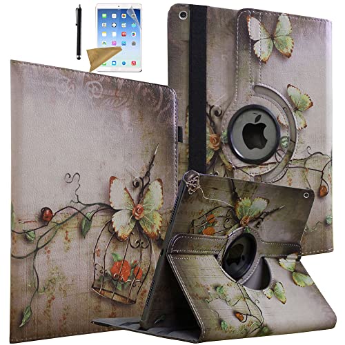 Lingsor Rotierende Schutzhülle für iPad 7.,8. Generation, Magnetischer Ständer, mit Stifthalter, Stylus und Displayschutzfolie (graue Blume mit Schmetterling) von Lingsor