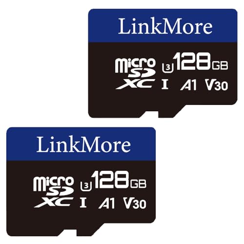 LinkMore 128 GB Micro-SDXC-Karte (2 Stück), A1, UHS-I, U3, V30, Klasse 10 kompatibel, Lesegeschwindigkeit bis zu 95 MB/s, Schreibgeschwindigkeit bis zu 50 MB/s, SD-Adapter im Lieferumfang enthalten von LinkMore