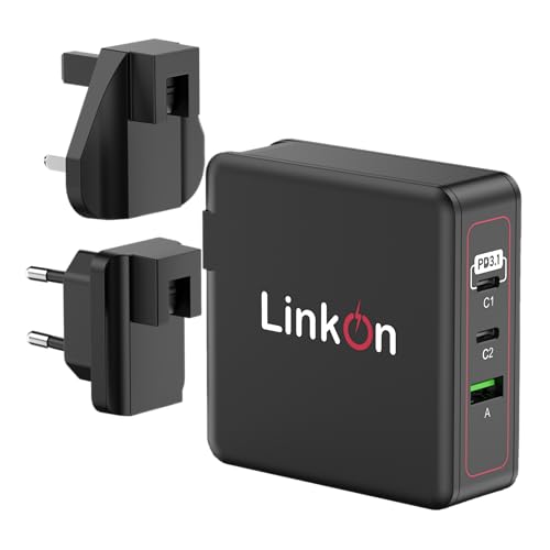 LinkOn Ganius 140W PD3.1 Wandladegerät mit GaN-Technologie, 140W/100W USB-C und 20W QC3.0 USB-A, 3-Port, kompatibel mit MacBook Pro 2021, Internationale Stecker von LinkOn