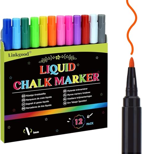 Linkgood 12 Farben Kreidestifte, Abwaschbar Fensterstifte Fenstermalstifte Weißwandstifte Kreidemarker Tafelstifte für Fenster Kreidetafel Whiteboard Glas für Erwachsene Kinder, 1MM Feine von Linkgood
