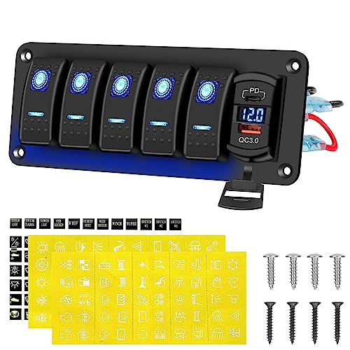 12V DC Schalter Panel, 5 Toggle Switch Aluminium Panel mit 4.8A PD & QC3.0 Ladebuchse und Digital Voltmeter Display, Wasserdichte EIN/AUS Kippschalter für Autos Boote Rvs LKWs Schaltkreis Steuerung von Linkstyle