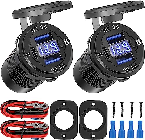 2 Stuck 12V USB Steckdose, Dual USB Steckdose PD 3.0 USB C Schnelles Auto Ladegerät Steckdose mit Schalter LED Digital Voltmeter wasserdichte Schnellsteckdose für Marine Boot Motorrad LKW von Linkstyle