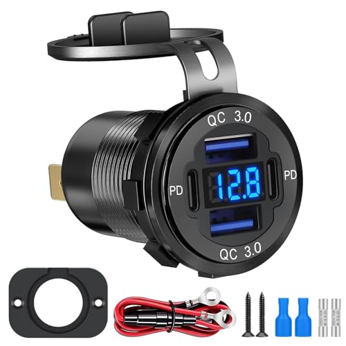 Linkstyle USB Autoladegerät Steckdose 12V, 30W Dual PD Typ C & 18W QC3.0 Dual USB Ladegerät Steckdosenleiste Wasserdicht Schnellladeadapter mit LED Digital Voltmeter für Auto RV Boot LKW Motorrad von Linkstyle