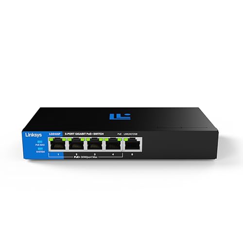 Linksys 5-Port Gigabit Unmanaged PoE+-Switch | Energieeffizientes Ethernet | Full-Duplex-Flusskontrolle | Ideal für kleine Büros und Homeoffices | Lüfterloses Design und Metallgehäuse | 60 W PoE-Budge Linksys 5-Port Gigabit Unmanaged PoE+-Switch | Energieeffizientes Ethernet | Full-Duplex-Flusskontrolle | Ideal für kleine Büros und Homeoffices | Lüfterloses Design und Metallgehäuse | 60 W PoE-Budge von Linksys